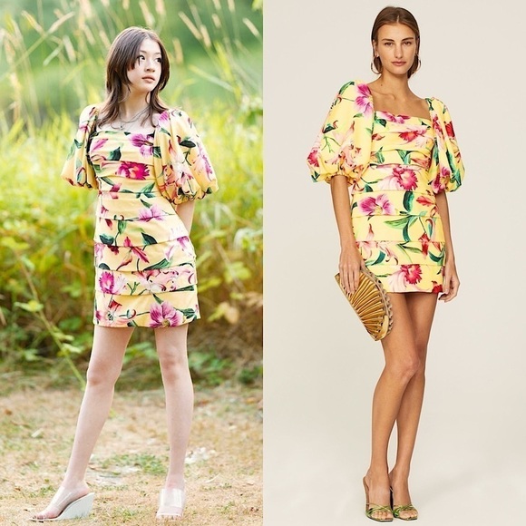 PATBO Floral Puff Short Sleeve Square Neck Shutter Pleated Sheath Mini Dress 10 - Picture 1 of 10